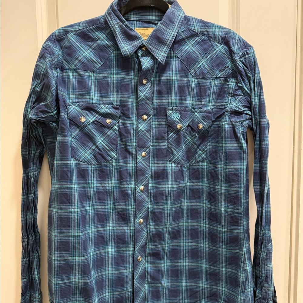 Wrangler Navy and Teal Plaid Western Button-Down Shirt